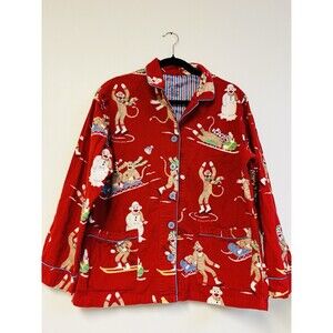 Nick & Nora Sock Monkey Pajama Top Women’s Large Red Flannel Button Down